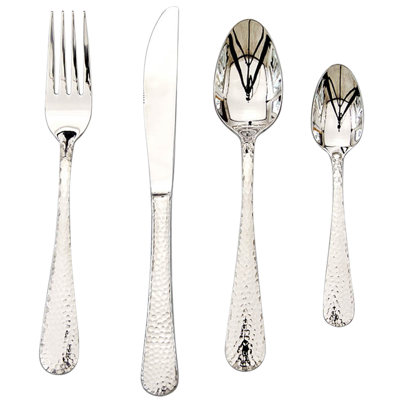 Столовые приборы на 4 персоны с чеканным узором на ручке Contemporary Hammered Cutlery Set Серебряный в Рязани | Loft Concept 