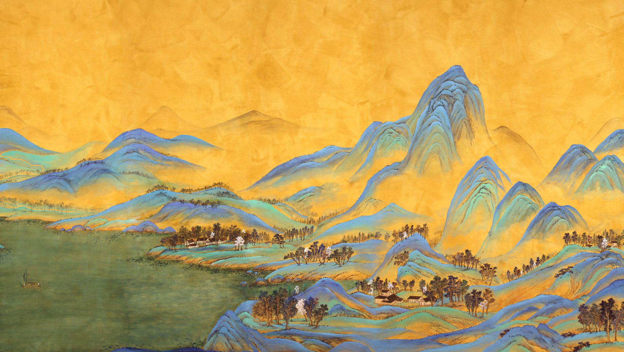 Обои ручная роспись A Thousand Li of Rivers and Mountains Original colourway on brown painted Xuan paper Обои ручная роспись A Thousand Li of Rivers and Mountains Original colourway on brown painted Xuan paper - постер Loft-Concept в Рязани