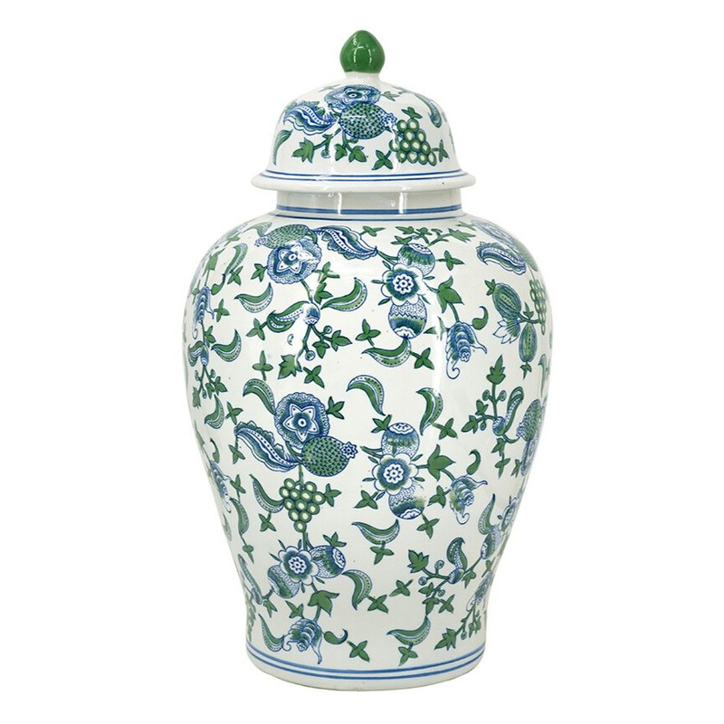 Ваза с крышкой и зелено-голубым цветочным узором на белом фоне Blue & White Ornament Белый Синий Ваза с крышкой и зелено-голубым цветочным узором на белом фоне Blue & White Ornament Белый Синий в Рязани | Loft Concept