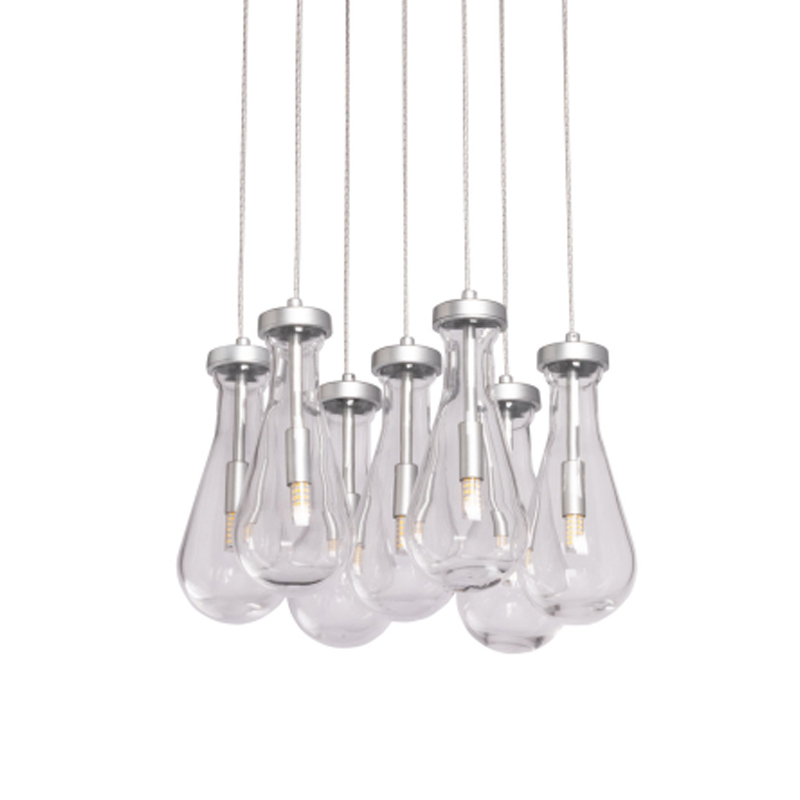 Люстра с 7-ю прозрачными плафонами из стекла в форме капли на круглом потолочном основании цвета хром Lucid Rain  Серебряный Прозрачный в Рязани | Loft Concept 
