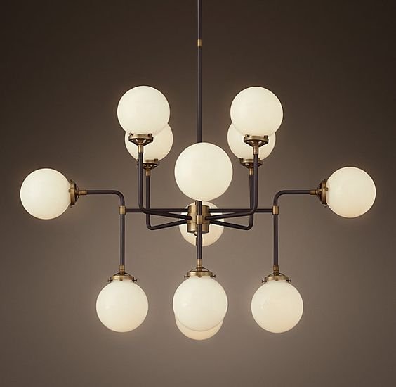 Люстра RH Bistro Globe Milk Glass 12-Light Chandelier Латунь Черный Белый Люстра RH Bistro Globe Milk Glass 12-Light Chandelier Латунь Черный Белый в Рязани | Loft Concept