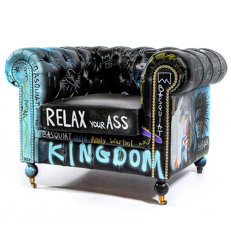 Кресло "Баския и Уорхол" Basquiat Warhol graffiti chair натуральная кожа Черный Мульти в Рязани | Loft Concept 