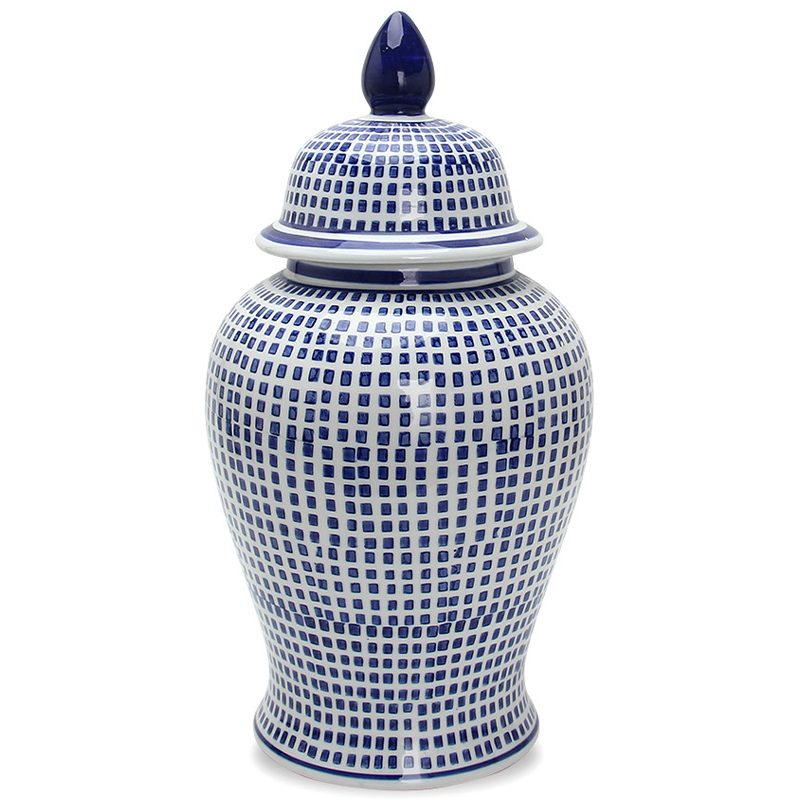 Ваза с крышкой Oriental Blue & White Square Pattern Vase Белый Синий Ваза с крышкой Oriental Blue & White Square Pattern Vase Белый Синий в Рязани | Loft Concept