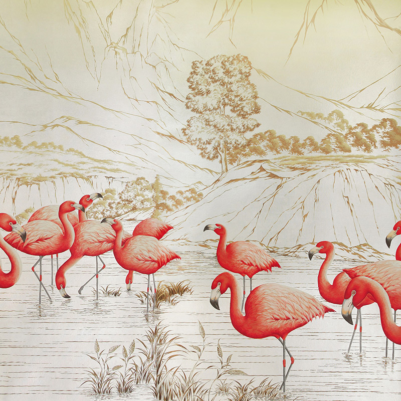 Обои ручная роспись Flamingos Colourway SC-120 on Sterling Silver gilded Xuan paper Обои ручная роспись Flamingos Colourway SC-120 on Sterling Silver gilded Xuan paper в Рязани | Loft Concept