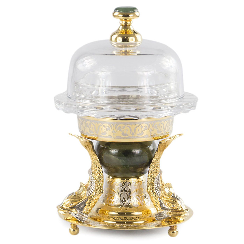 Икорница с декором "Три рыбки" с гравировкой и натуральным камнем Нефрит Decorative Cavair Dishes Золотой Никель Античный зеленый Икорница с декором "Три рыбки" с гравировкой и натуральным камнем Нефрит Decorative Cavair Dishes Золотой Никель Античный зеленый в Рязани | Loft Concept