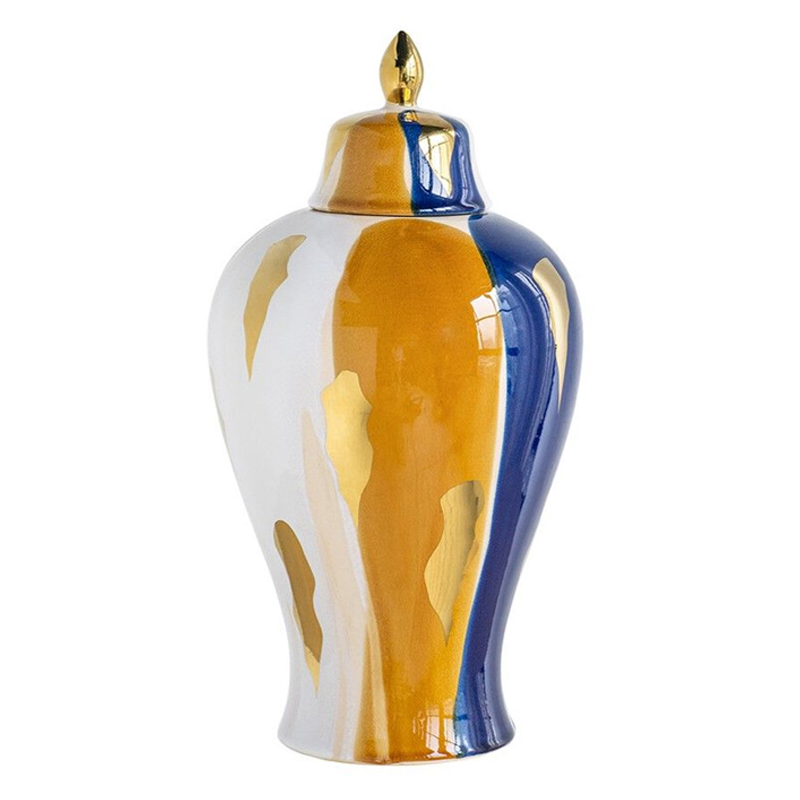 Ваза с крышкой и мазками синего и золого цвета на белом фоне Chinoiserie Ceramics Белый Оранжевый Золотой Синий Ваза с крышкой и мазками синего и золого цвета на белом фоне Chinoiserie Ceramics Белый Оранжевый Золотой Синий в Рязани | Loft Concept