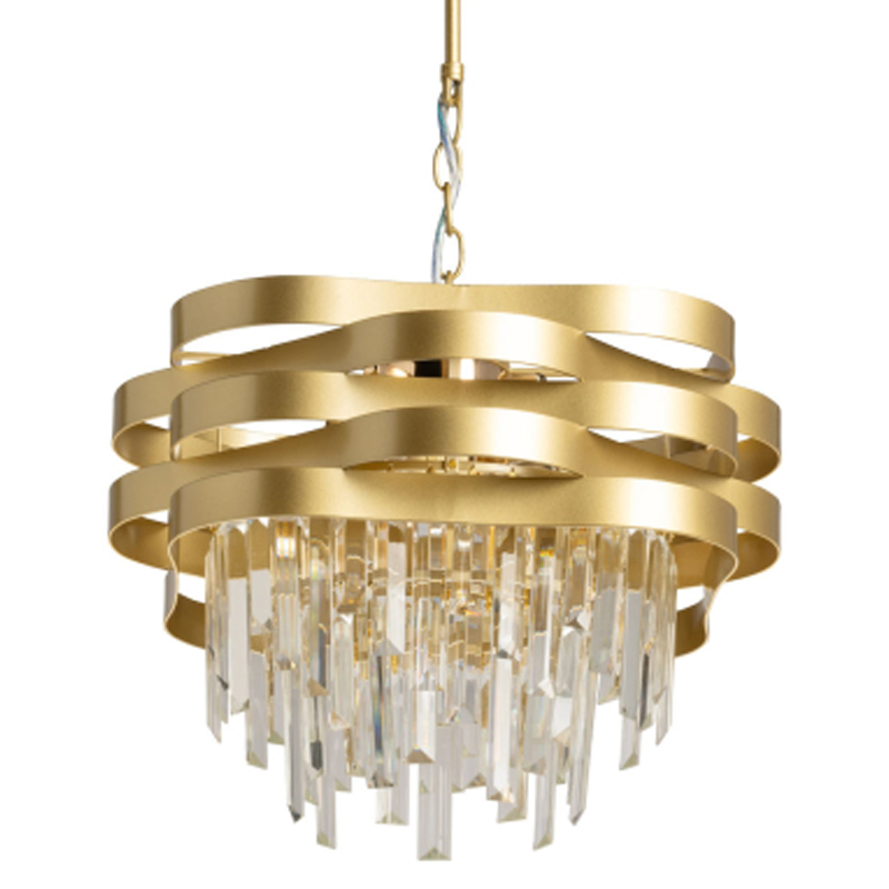 Люстра цвета матового золота с металлическими лентами и длинными прозрачными подвесками Gilded Waves Золотой Прозрачный в Рязани | Loft Concept 