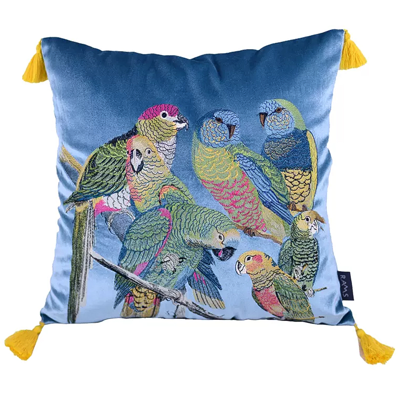 Декоративная подушка с вышивкой Embroidery Parrots Pillow Blue Голубой Мульти Декоративная подушка с вышивкой Embroidery Parrots Pillow Blue Голубой Мульти в Рязани | Loft Concept