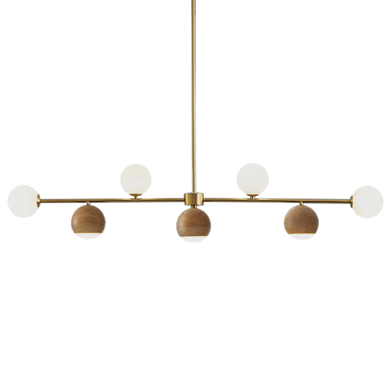 Линейная люстра Theo Metal Wooden Linear Chandelier Коричневый Латунь Белое матовое стекло Линейная люстра Theo Metal Wooden Linear Chandelier Коричневый Латунь Белое матовое стекло в Рязани | Loft Concept