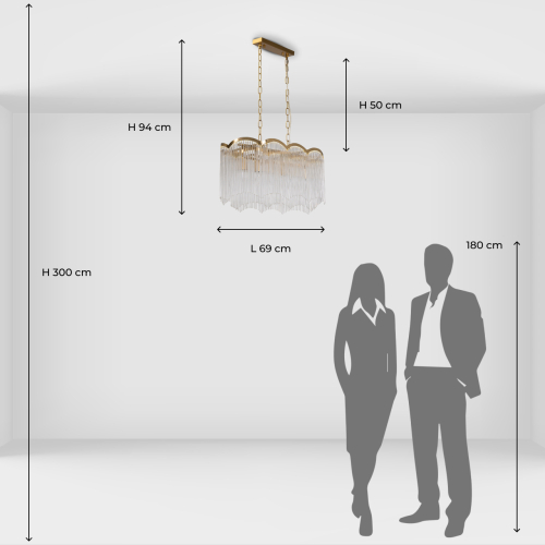 Люстра прямоугольная на цепях с прозрачными трубками и волнистым краем Nembus в Рязани