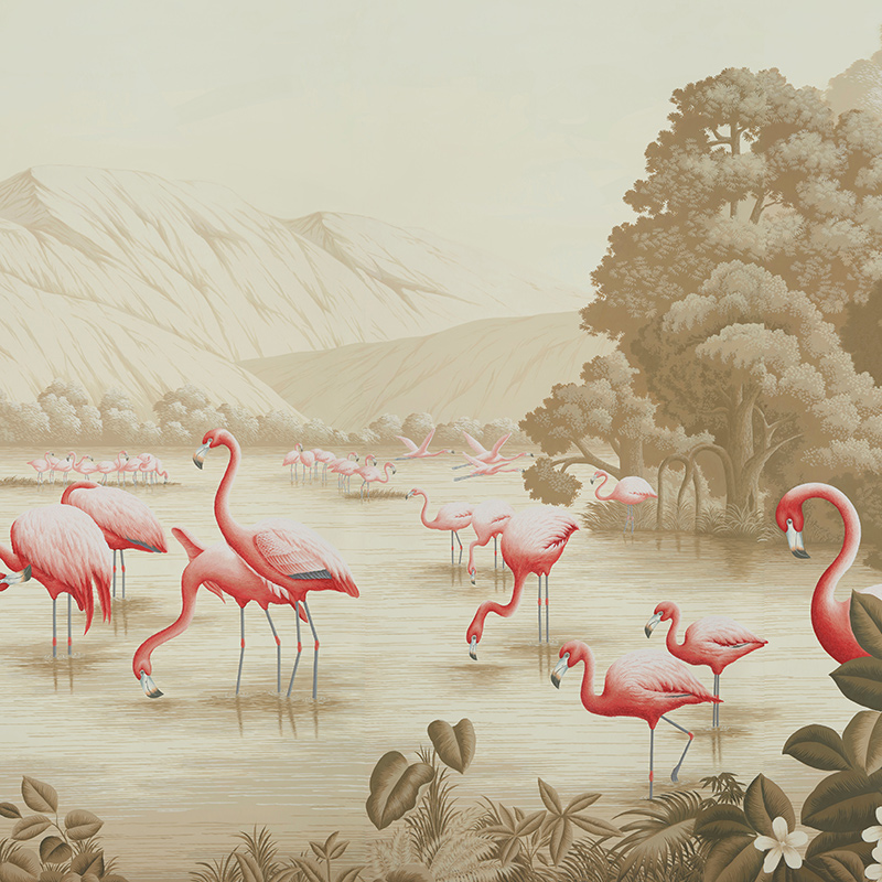 Обои ручная роспись Flamingos Flamingo on Sepia scenic paper  в Рязани | Loft Concept 