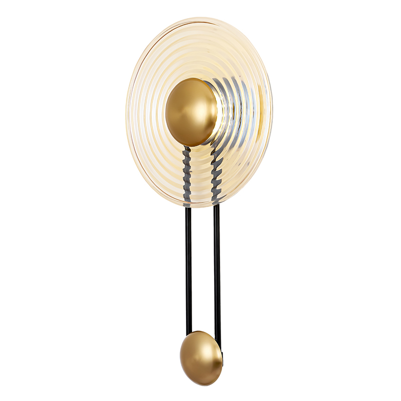 Бра с круглым рифленым плафоном янтарного цвета Savio Glass Disc Light Латунь Черный Янтарный Бра с круглым рифленым плафоном янтарного цвета Savio Glass Disc Light Латунь Черный Янтарный в Рязани | Loft Concept