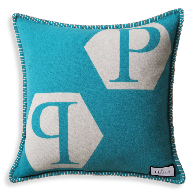 Подушка Philipp Plein Cushion Cashmere PP Logo 65 x 65 Blue Голубой Белый Подушка Philipp Plein Cushion Cashmere PP Logo 65 x 65 Blue Голубой Белый в Рязани | Loft Concept