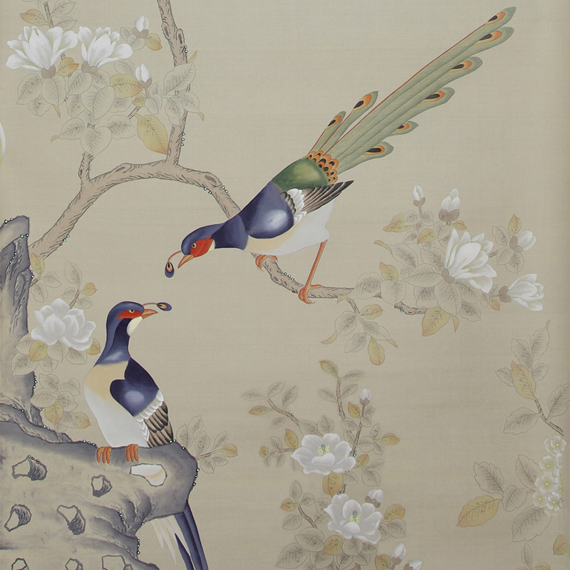 Обои ручная роспись Japanese Garden Special Colourway on Faint Gold metallic silk  в Рязани | Loft Concept 
