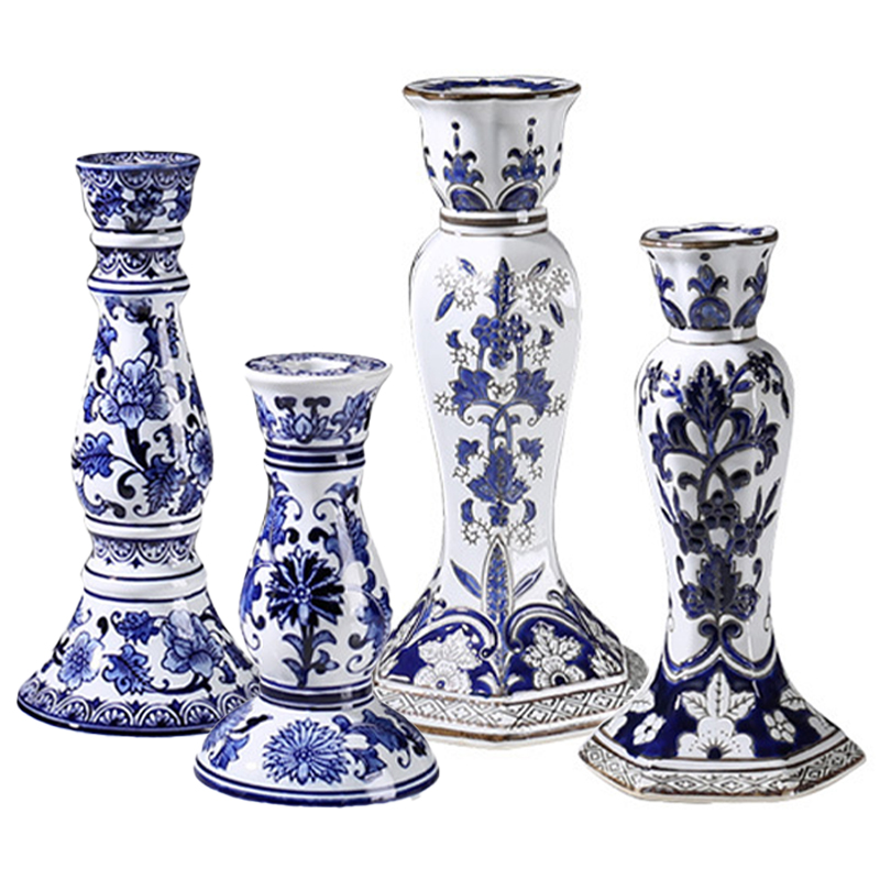 Подсвечник BLUE & WHITE ORNAMENT Candlestick Белый Синий в Рязани | Loft Concept 