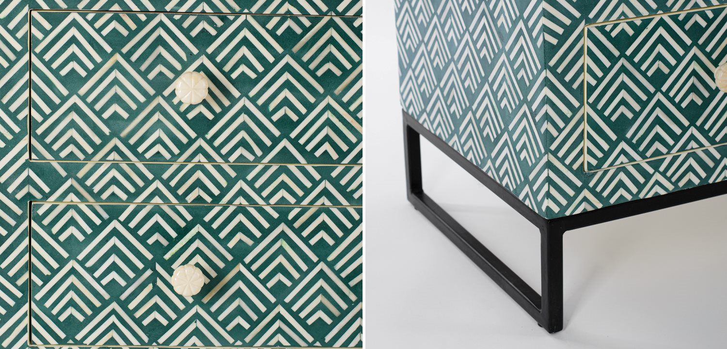 Комод инкрустация костью Green Indian Bone Inlay 3 drawer Зеленый - фото №1