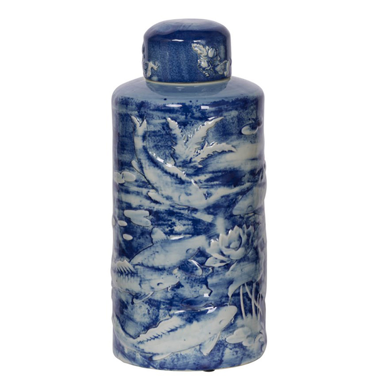 Ваза с крышкой Blue & White Fish Ornament Белый Синий Ваза с крышкой Blue & White Fish Ornament Белый Синий в Рязани | Loft Concept