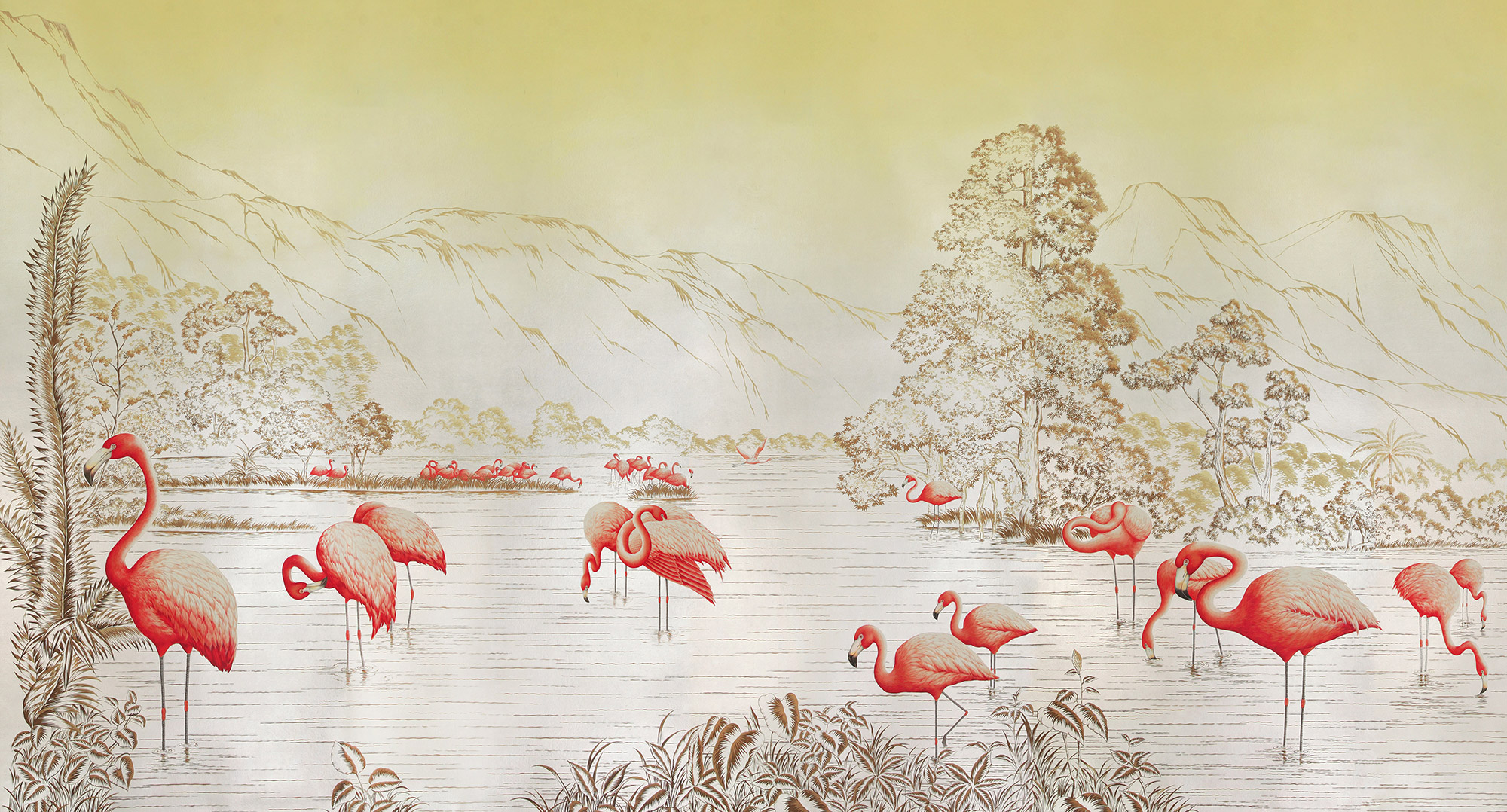 Обои ручная роспись Flamingos Colourway SC-120 on Sterling Silver gilded Xuan paper Обои ручная роспись Flamingos Colourway SC-120 on Sterling Silver gilded Xuan paper - постер Loft-Concept в Рязани