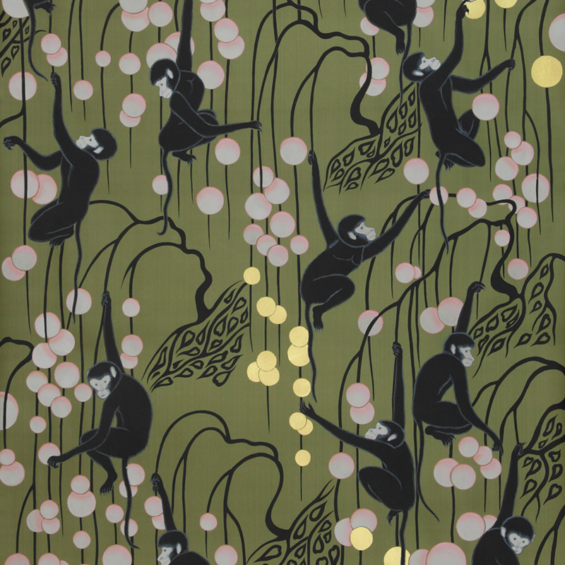 Обои ручная роспись Deco Monkeys Special Colourway on Olive dyed silk Обои ручная роспись Deco Monkeys Special Colourway on Olive dyed silk в Рязани | Loft Concept