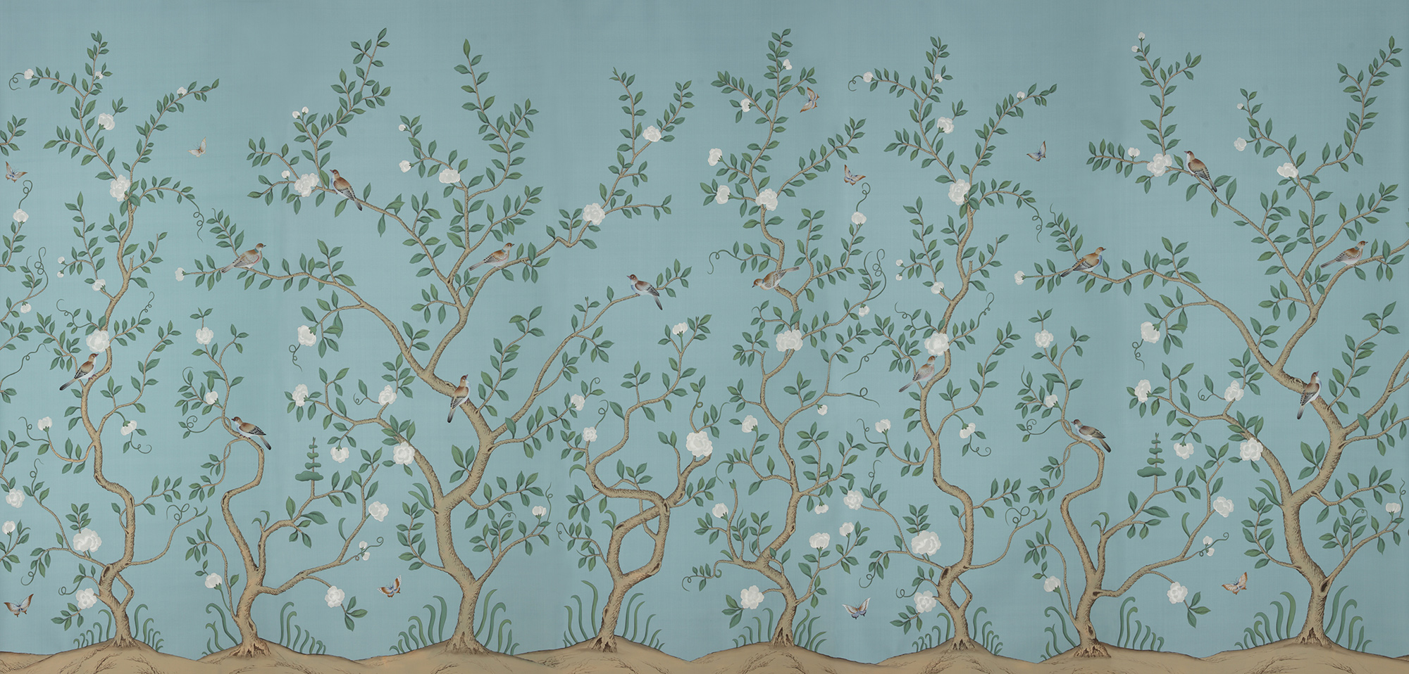 Обои ручная роспись Gustavian Garden Special Colourway on Duck Egg dyed silk Обои ручная роспись Gustavian Garden Special Colourway on Duck Egg dyed silk - постер Loft-Concept в Рязани