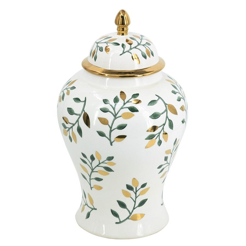 Ваза белая с крышкой с рисунком зеленых и золотых листьев 48 см Chinoiserie Ceramics Белый Зеленый Золотой Ваза белая с крышкой с рисунком зеленых и золотых листьев 48 см Chinoiserie Ceramics Белый Зеленый Золотой в Рязани | Loft Concept