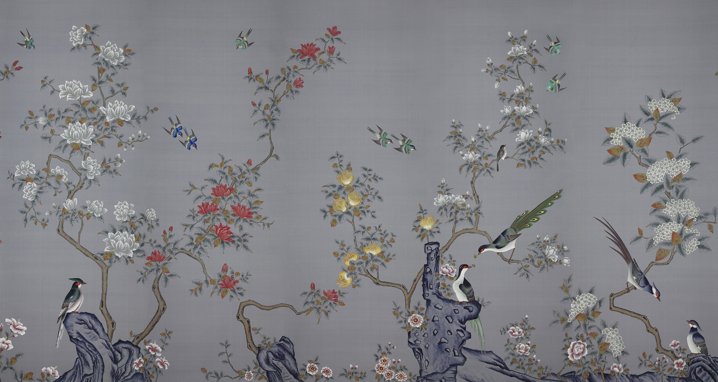 Обои ручная роспись Japanese Garden Original colourway on Gun Metal dyed silk Обои ручная роспись Japanese Garden Original colourway on Gun Metal dyed silk - постер Loft-Concept в Рязани
