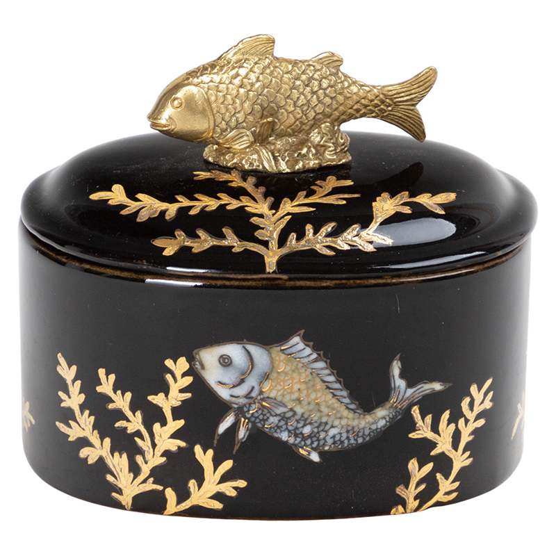 Шкатулка черная фарфоровая Золотая Рыбка Gold fish Черный Золотой Шкатулка черная фарфоровая Золотая Рыбка Gold fish Черный Золотой в Рязани | Loft Concept