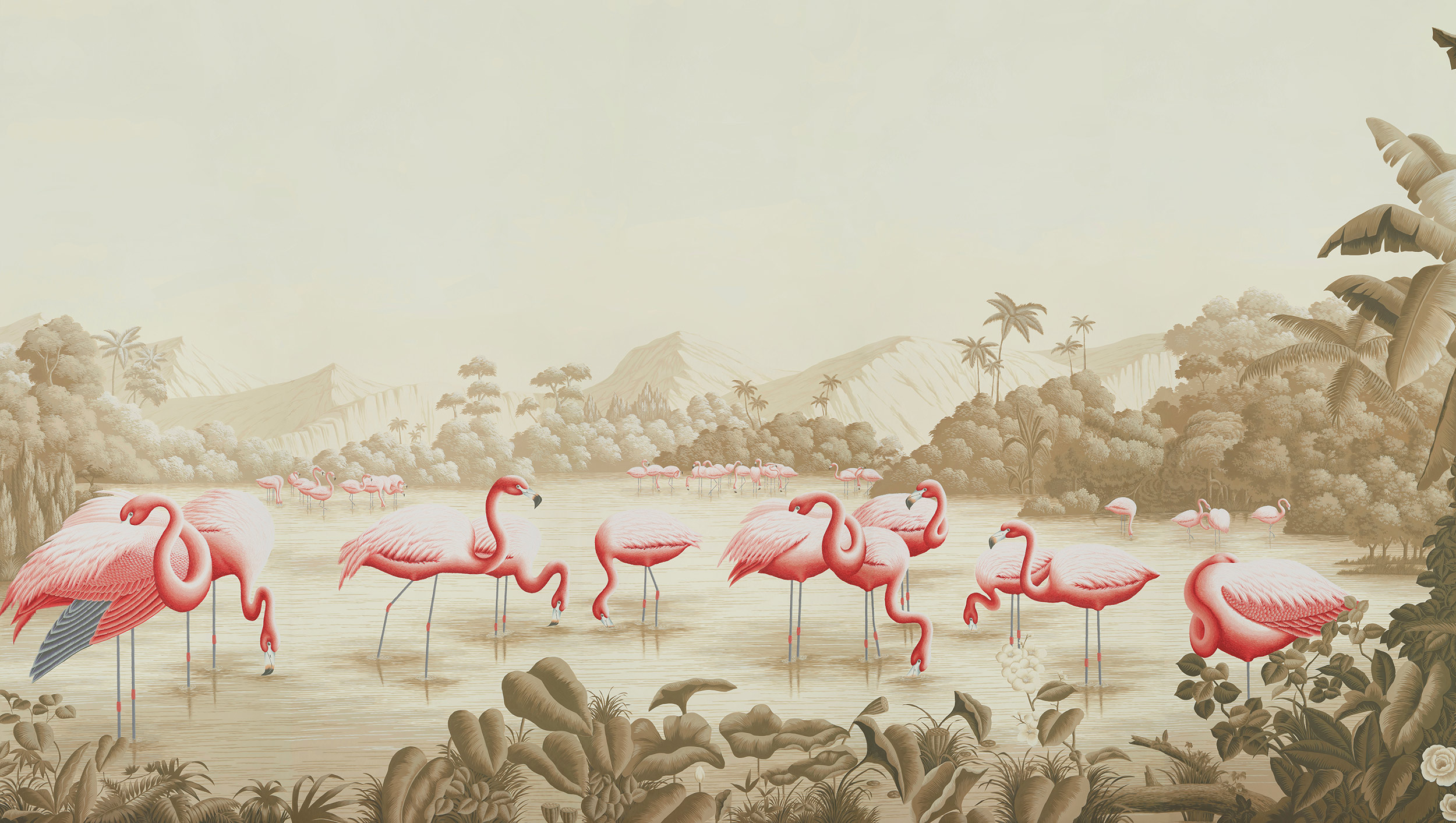 Обои ручная роспись Flamingos Flamingo on Sepia scenic paper Обои ручная роспись Flamingos Flamingo on Sepia scenic paper - постер Loft-Concept в Рязани