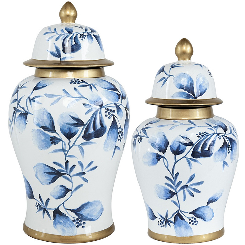 Ваза с крышкой Blue Plant Vase Золотой Белый Синий Ваза с крышкой Blue Plant Vase Золотой Белый Синий в Рязани | Loft Concept