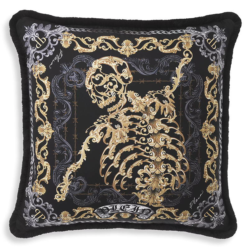 Подушка Philipp Plein Cushion Silk Skeleton 70 x 70 cm Черный Золотой Серый Подушка Philipp Plein Cushion Silk Skeleton 70 x 70 cm Черный Золотой Серый в Рязани | Loft Concept