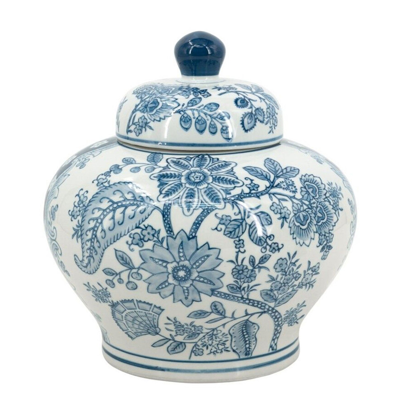Ваза с крышкой и синим узором в виде цветов и листьев Blue & White Ornament Белый Синий Ваза с крышкой и синим узором в виде цветов и листьев Blue & White Ornament Белый Синий в Рязани | Loft Concept