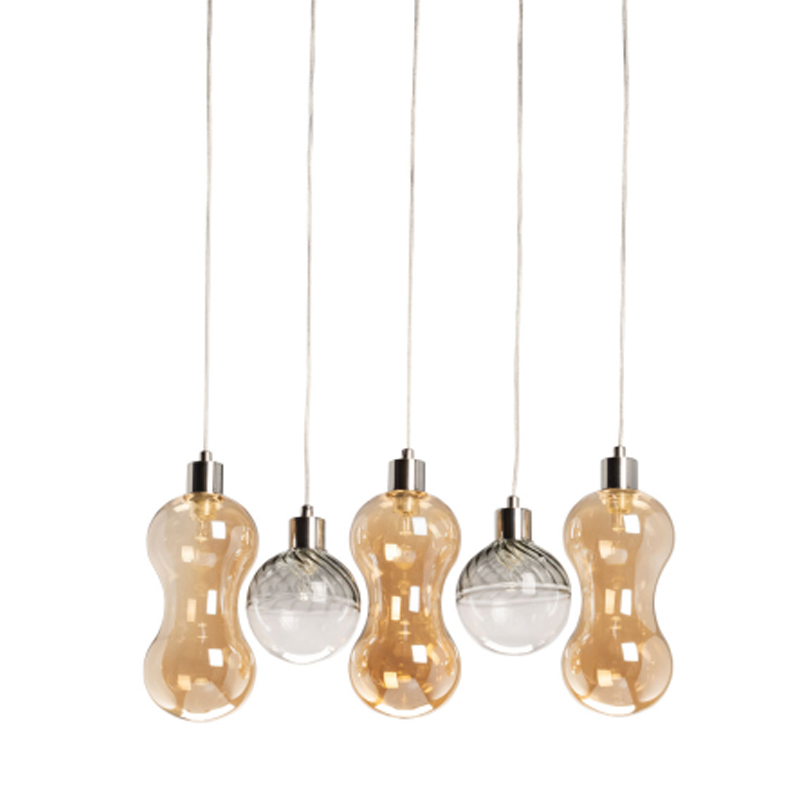 Люстра с 3-мя плафонами волнообразной формы цвета янтарь и 2-мя прозрачными шарообразными плафонами Lucid Rain  Черный Прозрачный Янтарный в Рязани | Loft Concept 