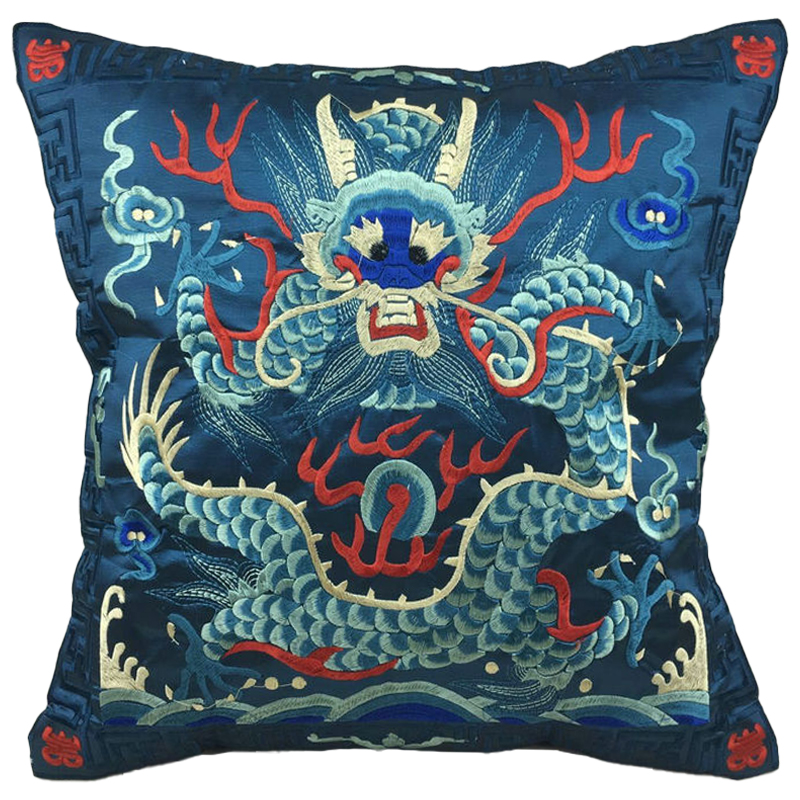 Декоративная подушка с вышивкой Chinese Dragon Blue Мульти Синий Декоративная подушка с вышивкой Chinese Dragon Blue Мульти Синий в Рязани | Loft Concept