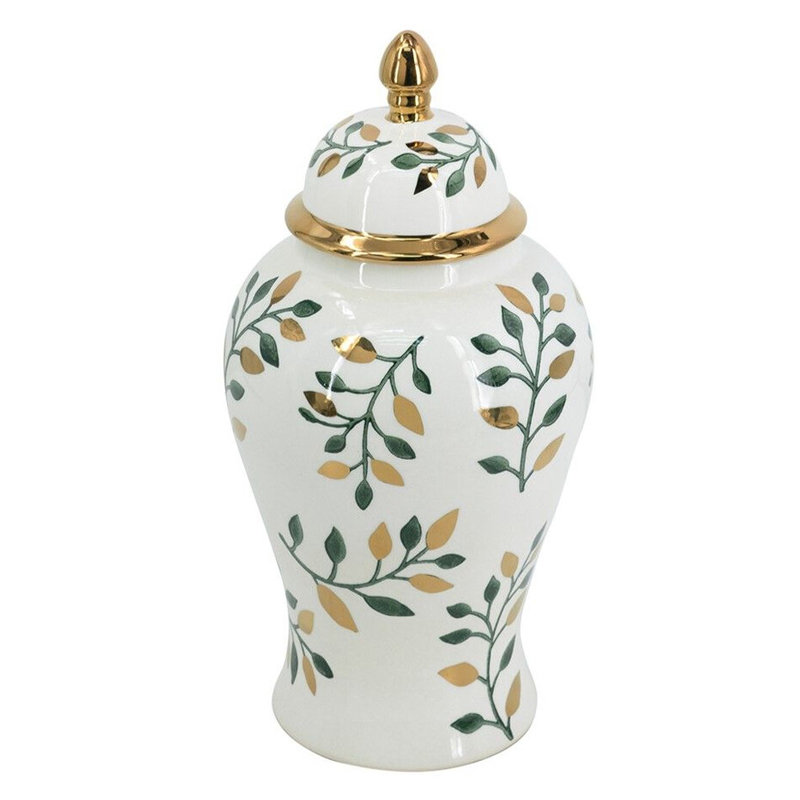 Ваза белая с крышкой с рисунком зеленых и золотых листьев 40 см Chinoiserie Ceramics Белый Зеленый Золотой Ваза белая с крышкой с рисунком зеленых и золотых листьев 40 см Chinoiserie Ceramics Белый Зеленый Золотой в Рязани | Loft Concept
