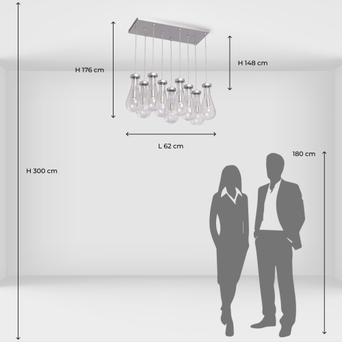 Люстра с 9-ю прозрачными плафонами из стекла в форме капли на прямоугольном потолочном основании цвета хром Lucid Rain  в Рязани