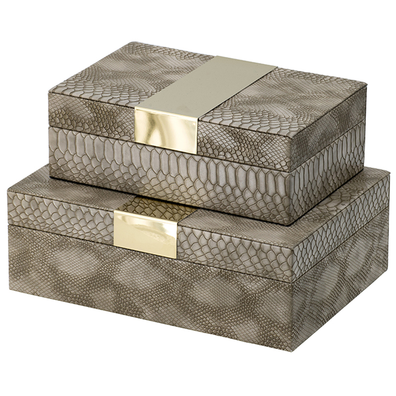 Комплект шкатулок Imitation Snakeskin Boxes Бежево-серый Глянцевое золото Комплект шкатулок Imitation Snakeskin Boxes Бежево-серый Глянцевое золото в Рязани | Loft Concept