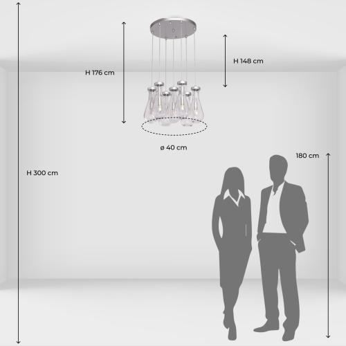Люстра с 7-ю прозрачными плафонами из стекла в форме капли на круглом потолочном основании цвета хром Lucid Rain  в Рязани