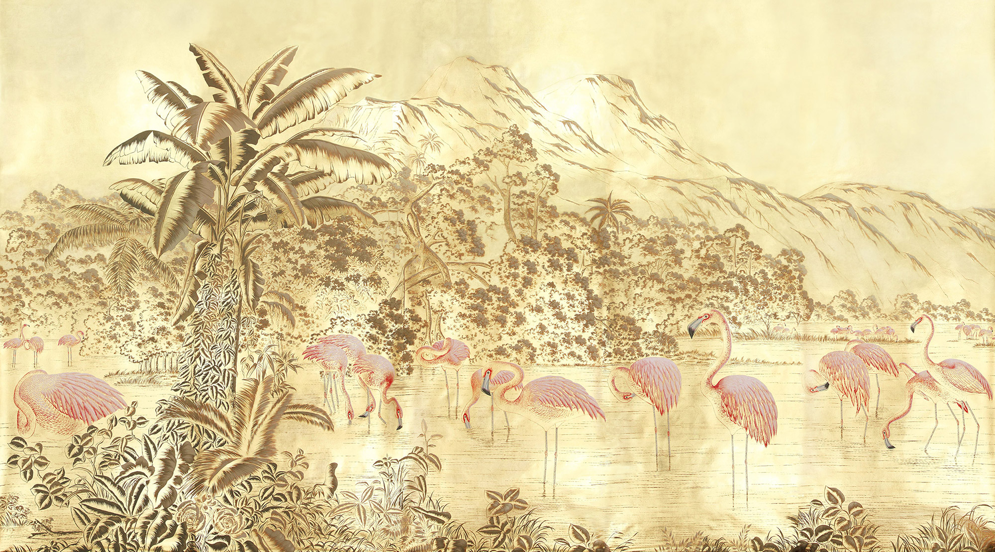 Обои ручная роспись Flamingos Flamingo on Deep Rich Gold gilded paper Обои ручная роспись Flamingos Flamingo on Deep Rich Gold gilded paper - постер Loft-Concept в Рязани