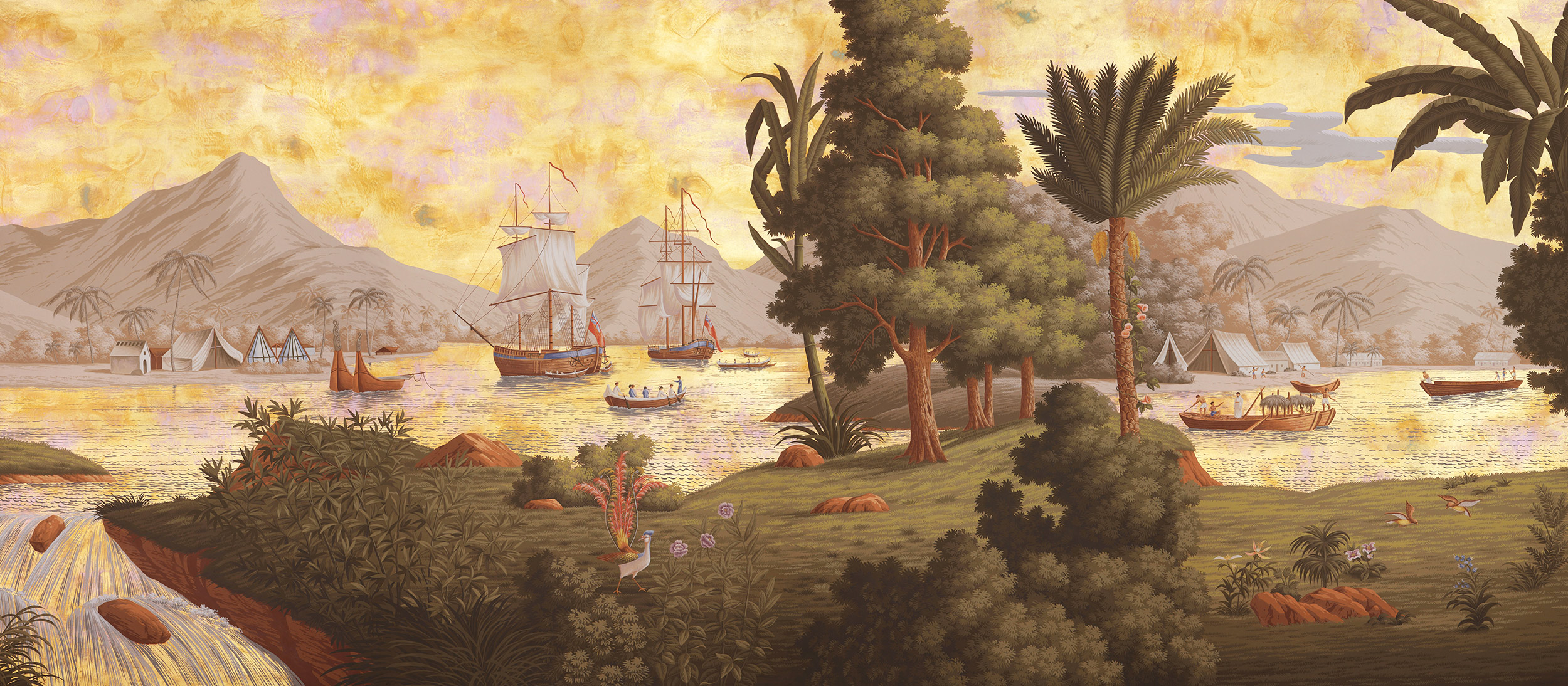 Обои ручная роспись Voyage of the Pacific Amarelo on Deep Rich Gold gilded paper with antiquing Обои ручная роспись Voyage of the Pacific Amarelo on Deep Rich Gold gilded paper with antiquing - постер Loft-Concept в Рязани