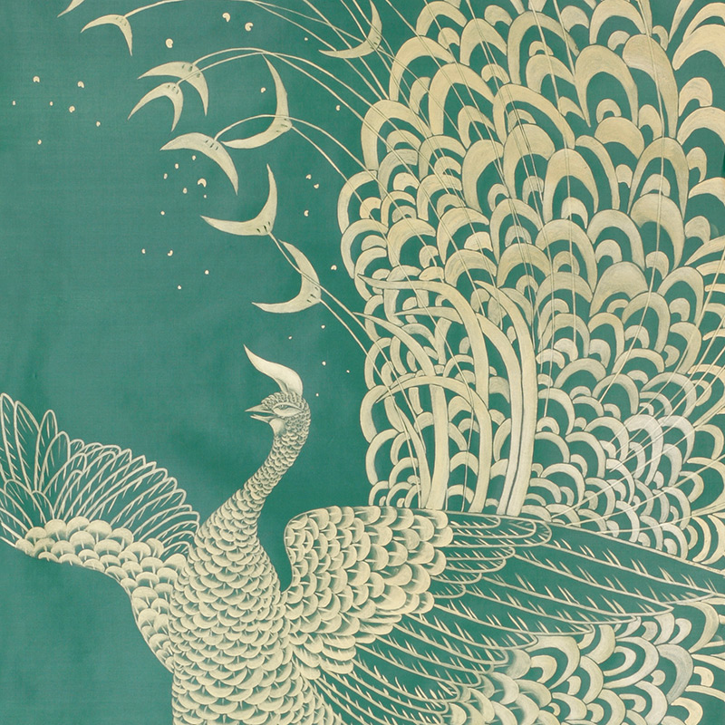 Обои ручная роспись в стиле Арт-деко Whistler Peacocks Original colourway on green painted silk  в Рязани | Loft Concept 