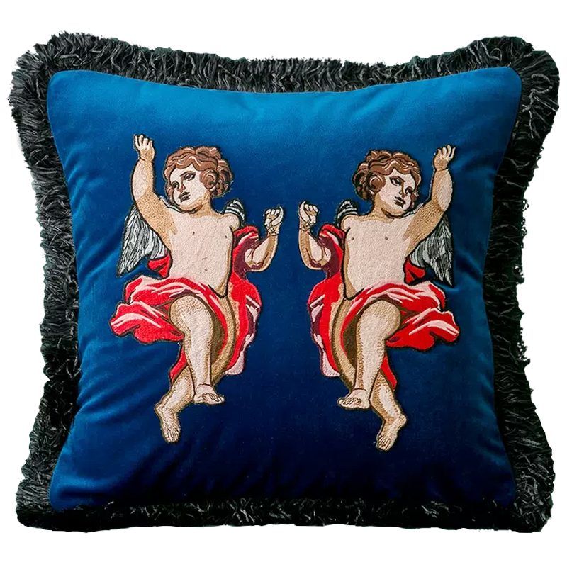 Декоративная подушка с вышивкой Стиль Gucci Angels Cushion Blue Синий Мульти Декоративная подушка с вышивкой Стиль Gucci Angels Cushion Blue Синий Мульти в Рязани | Loft Concept