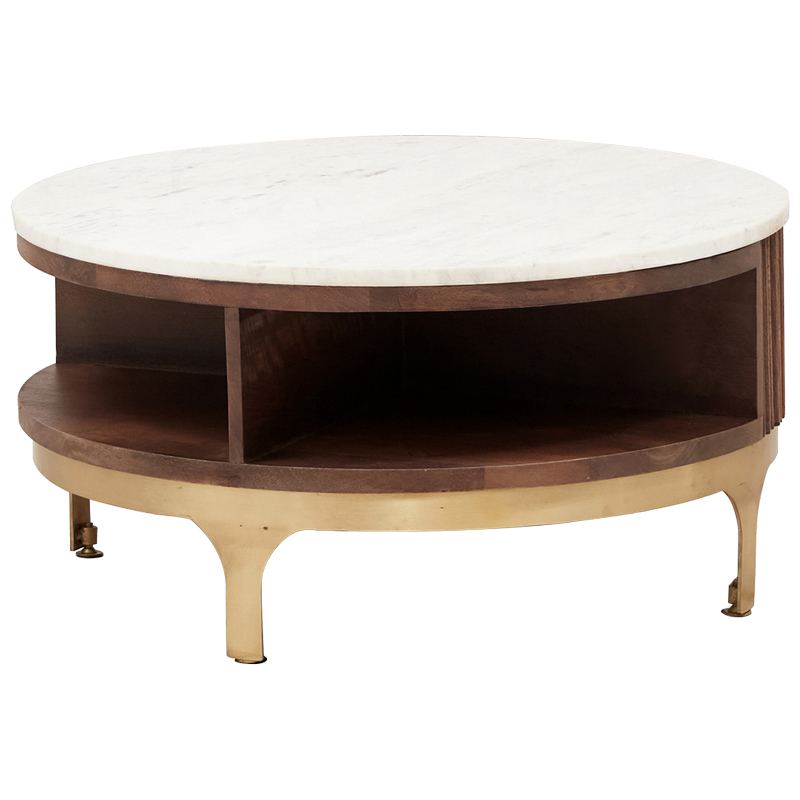 Круглый кофейный стол Sadie Round Coffee Table Белый Коричневый Латунь Круглый кофейный стол Sadie Round Coffee Table Белый Коричневый Латунь в Рязани | Loft Concept