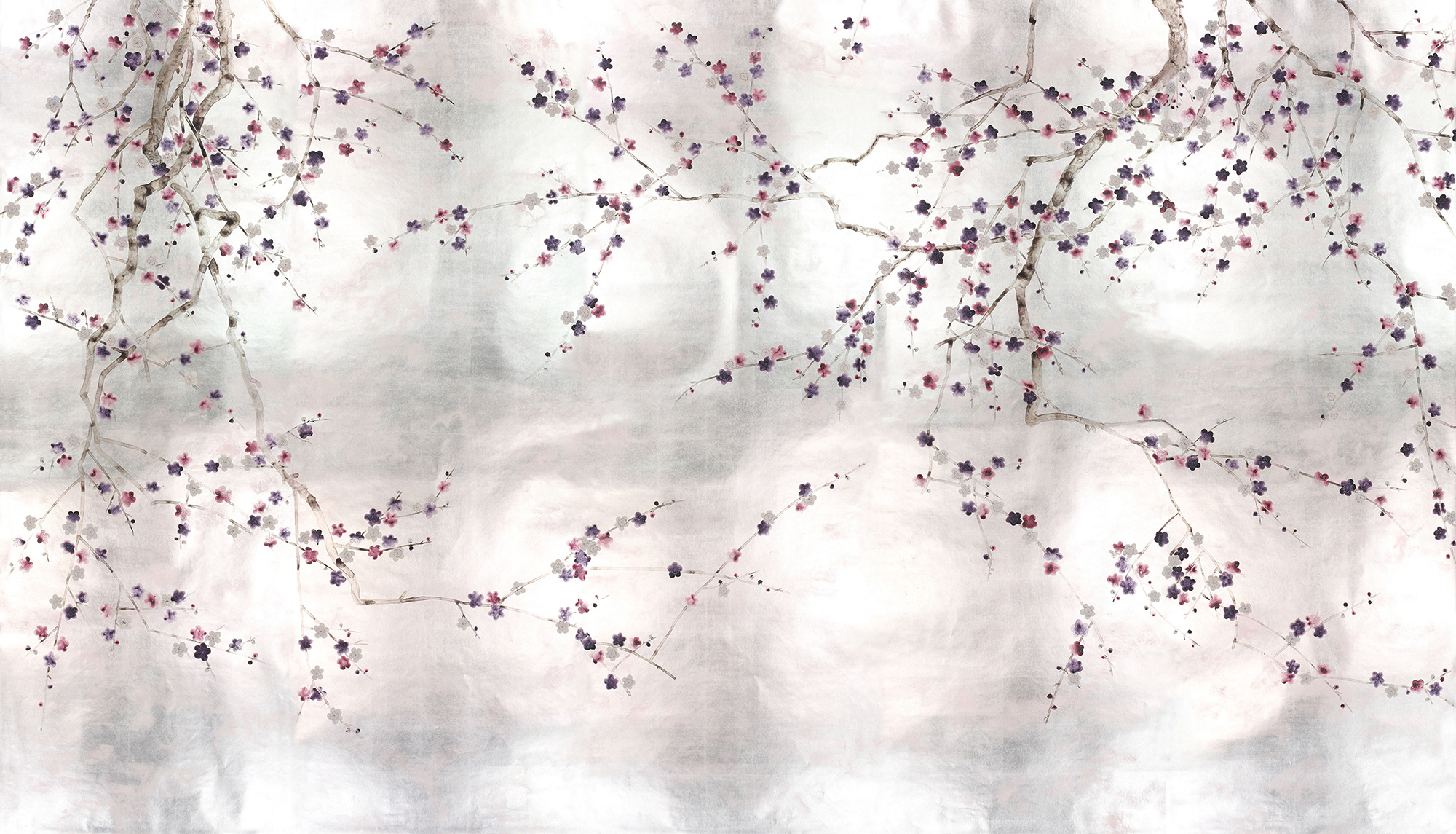 Обои ручная роспись Plum Blossom Colourway SC-228 on Tarnished Silver gilded paper with pearlescent antiquing Обои ручная роспись Plum Blossom Colourway SC-228 on Tarnished Silver gilded paper with pearlescent antiquing - постер Loft-Concept в Рязани