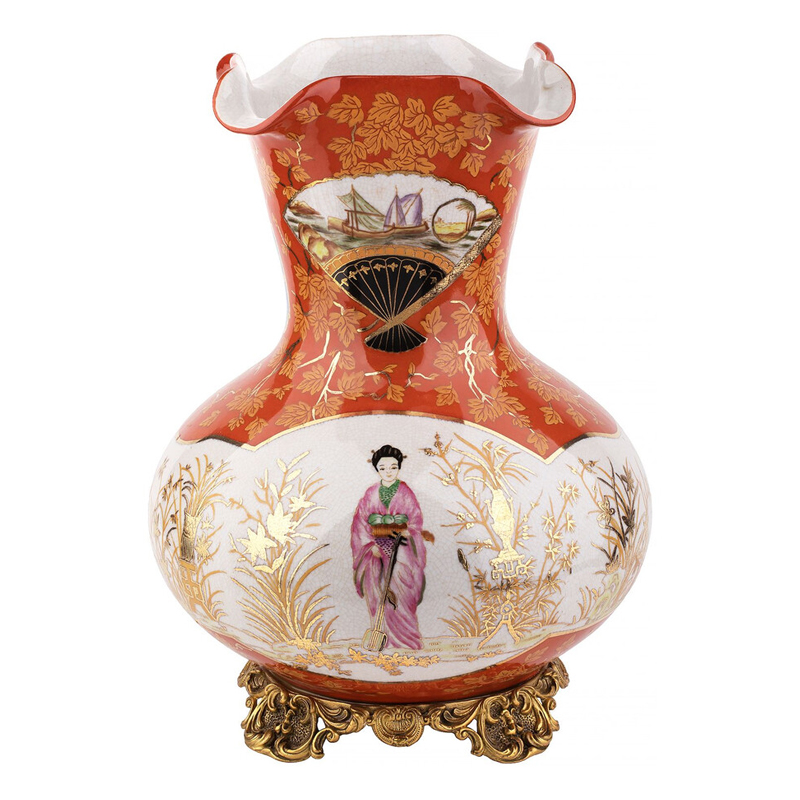 Ваза красного цвета с рисунком Chinoiserie Ceramics Белый Красный Бронза Ваза красного цвета с рисунком Chinoiserie Ceramics Белый Красный Бронза в Рязани | Loft Concept
