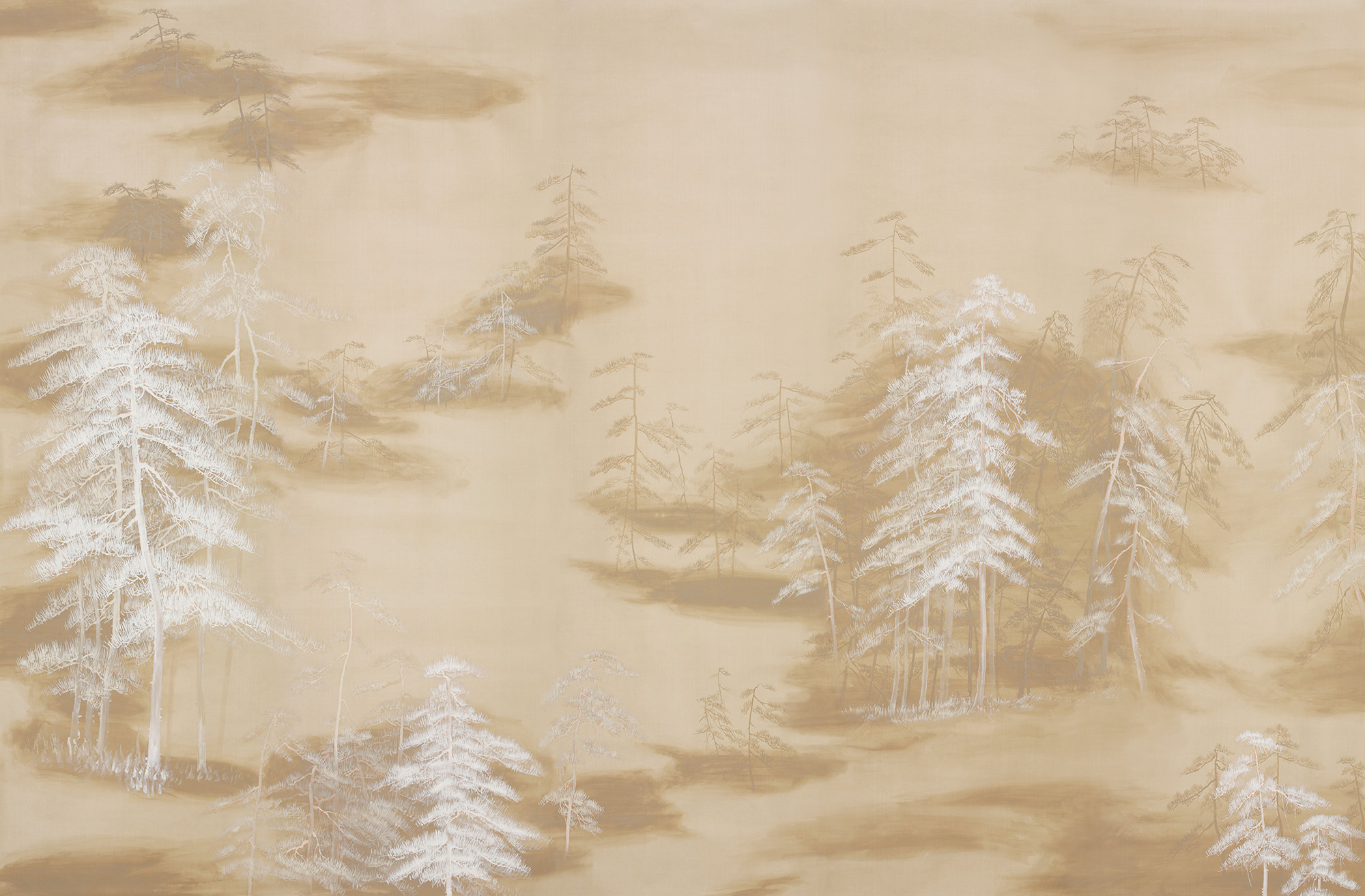 Обои ручная роспись Abstract Pines Original colourway on Stone Ochre dyed silk Обои ручная роспись Abstract Pines Original colourway on Stone Ochre dyed silk - постер Loft-Concept в Рязани