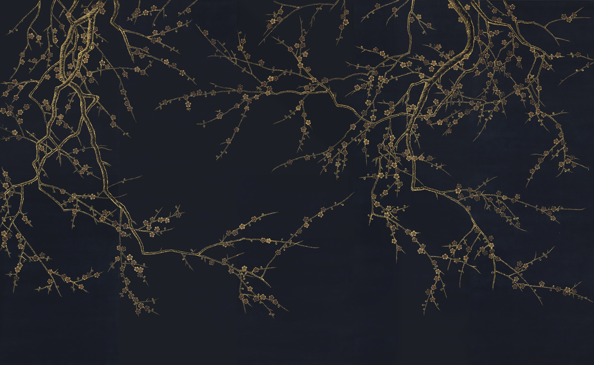 Обои ручная роспись Plum Blossom Colourway SC-226 on black painted silk Обои ручная роспись Plum Blossom Colourway SC-226 on black painted silk - постер Loft-Concept в Рязани