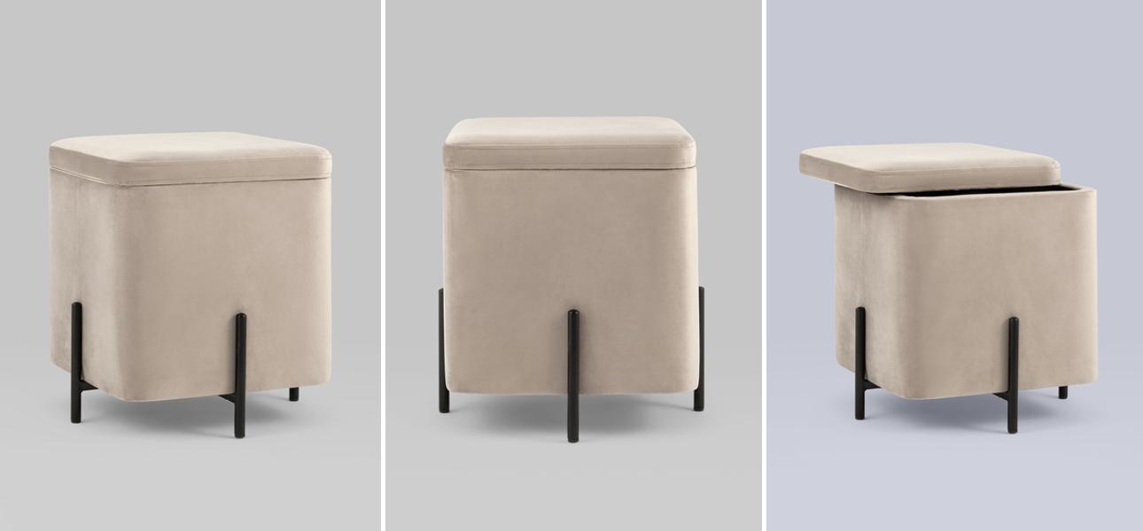 Пуф квадратный с ящиком бежевый велюр Sanjay Velour - фото