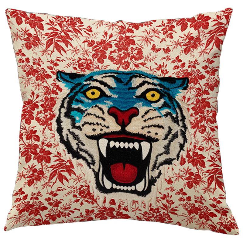 Декоративная подушка Стиль Gucci Blue Tiger Красный Бежевый Голубой Мульти Декоративная подушка Стиль Gucci Blue Tiger Красный Бежевый Голубой Мульти в Рязани | Loft Concept