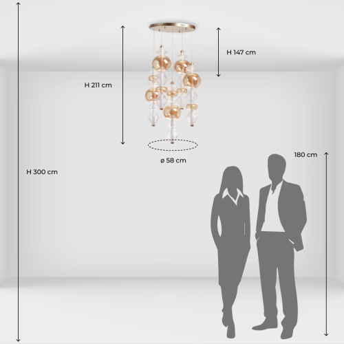 Люстра с плафонами из прозрачного и янтарного стекла в виде шаров и ромбов Gabriel Scott Luna в Рязани