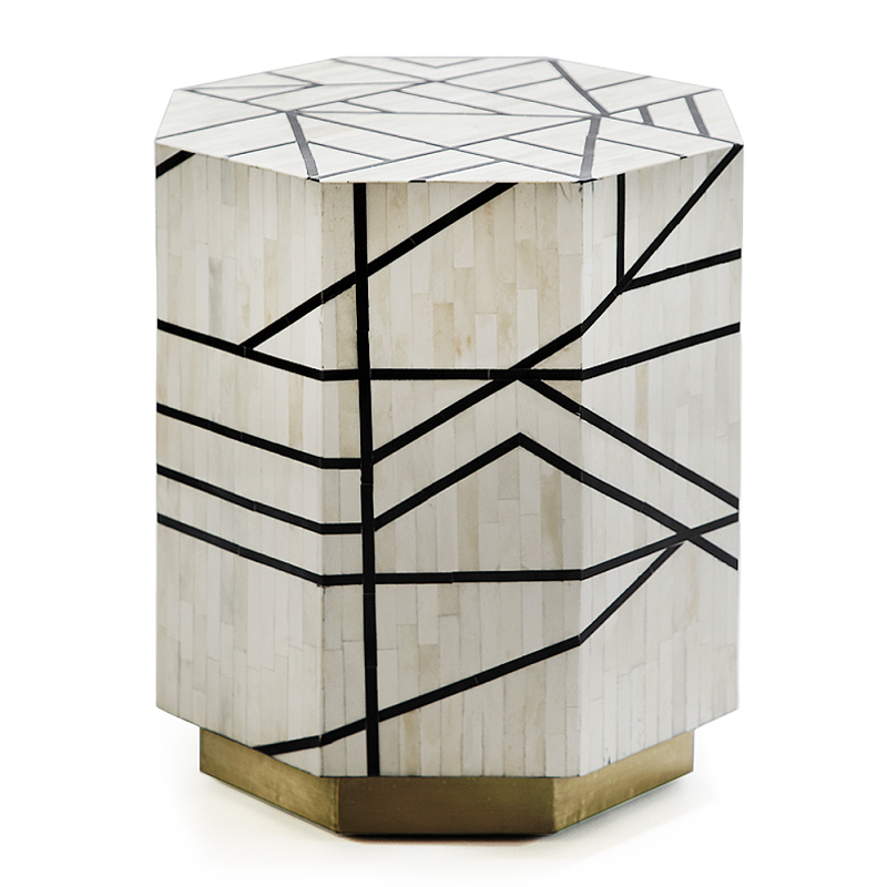 Приставной столик с инкрустацией Black and White Geometry bone bedside table ivory ( слоновая кость ) Черный в Рязани | Loft Concept 